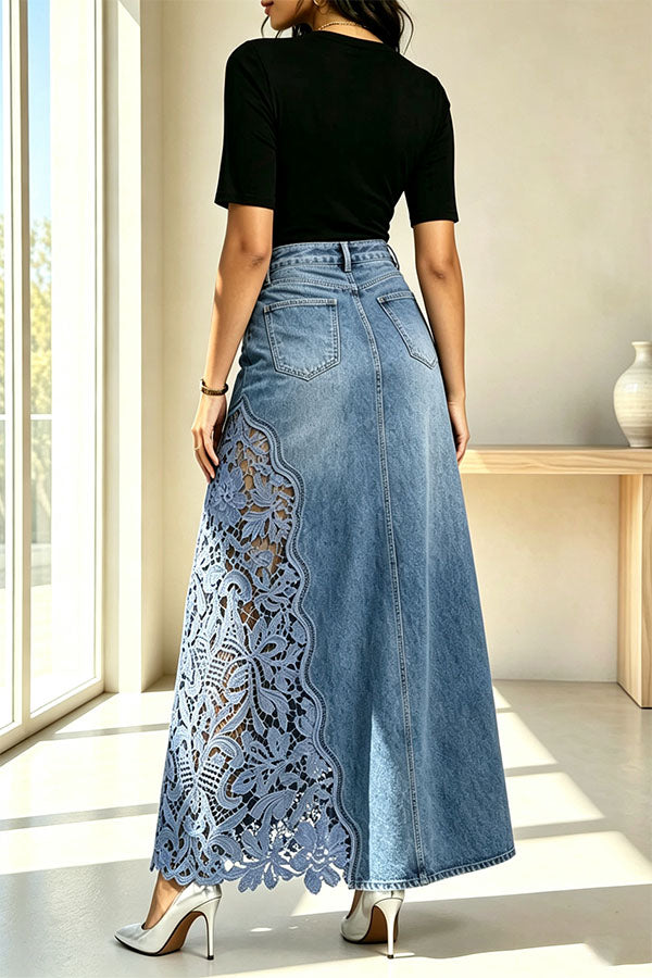 Stylish and Elegant Denim Side Panels Flower Crochet Lace Pocket Maxi Skirt-Consonak
