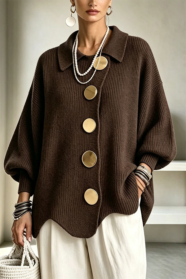 Shelia Knit Oversized Metal Buckle Balloon Sleeve Lapel Cardigan-Consonak