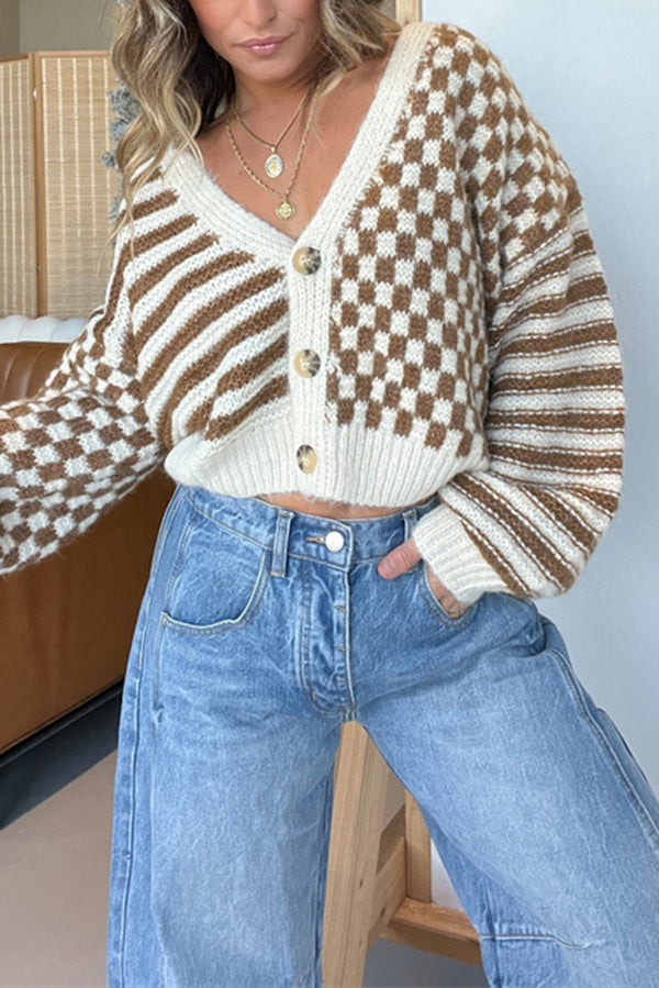 Fashionable Plaid Striped Casual V Long-sleeved Short Knitted Cardigan-consonak