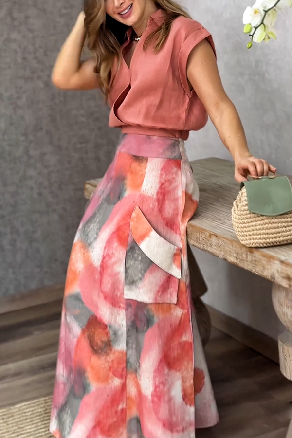 Laylin Wide Sleeve Shirt and Watercolor Print High Waist Drape Pocket Maxi Skirt Set-consonak