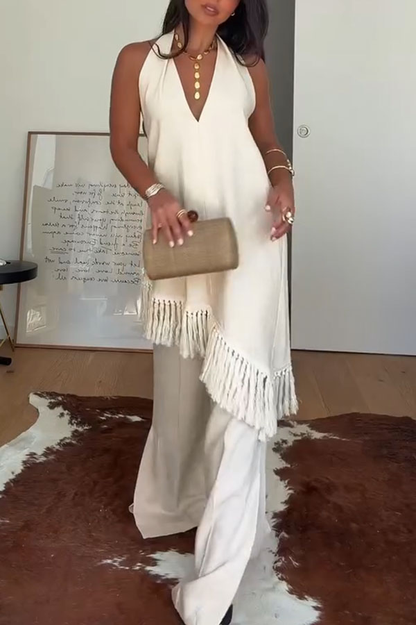 Kortnie Linen Blend Tassel Hem Halter A-line Top and High Rise Pocket Wide Leg Slit Pants Set-consonak