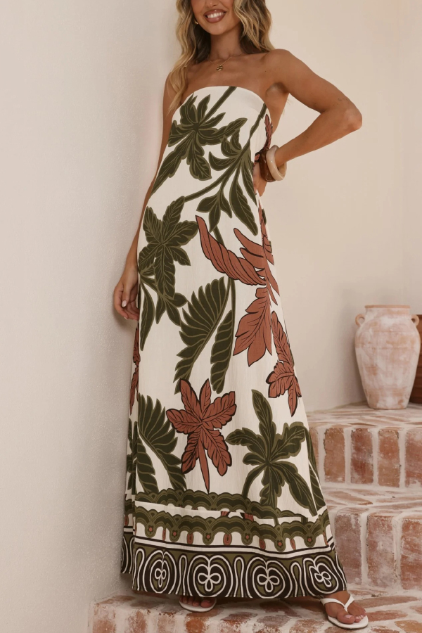 Botanical Print Sleeveless Off-shoulder Resort-style Loose Maxi Dress-consonak