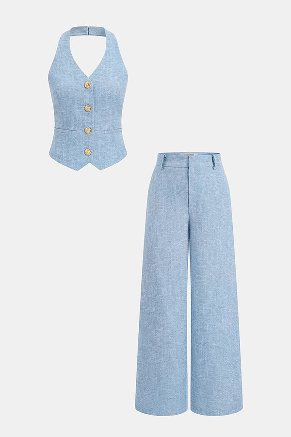 City Outfit Linen Blend Metal Button Halter Vest and Pocket Wide Leg Pants Set | Consonak