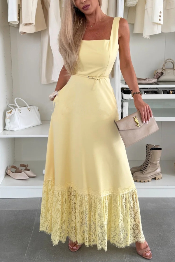 Solid Color Square Neck Sleeveless Fitted Waist Elegant Lace Hem Maxi Dress
