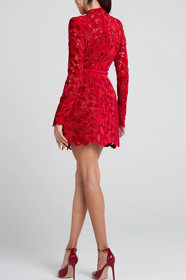 Lydia Embroidered Floral Lace Long Sleeve Belt Tulip Shaped Mini Dress | Consonak
