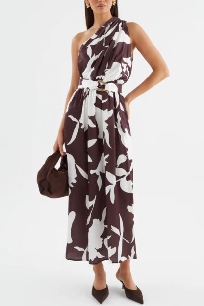 Unique Printed One-Shoulder Belt Casual Holiday Maxi Dress