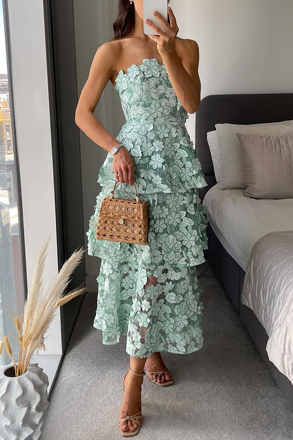 Cocktail Events 3D Embroidery Floral Detail Off Shoulder Tiered Hem Maxi Dress | Consonak
