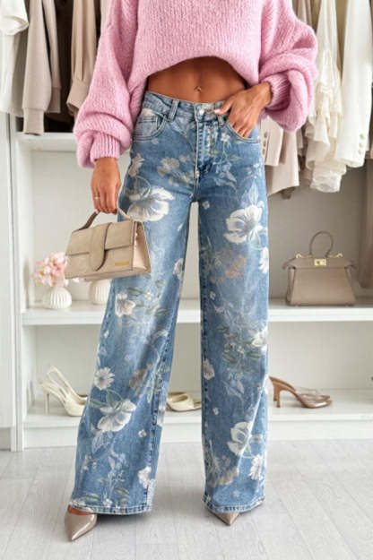 Uptown Bloom Denim Floral Print High Rise Pocket Straight Leg Jeans