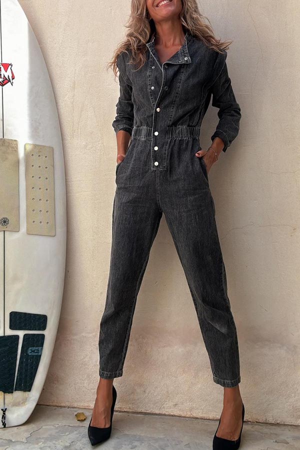 Carey Denim Button Up Long Sleeve Elastic Waist Pocketed Loose Jumpsuit-consonak