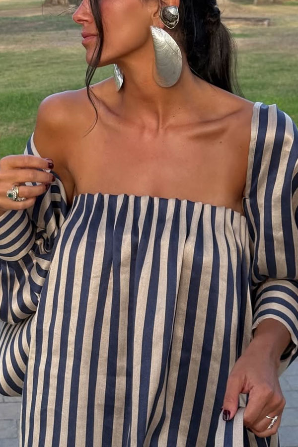 Berry Satin-Striped Detachable Balloon Sleeve Jacket Strapless Maxi Dress | Consonak