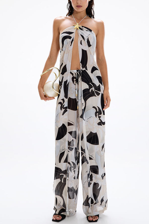 Adrenia Unique Print Metal Starfish Front Slit Halter Tank and Elastic Waist Loose Pants Set-consonak