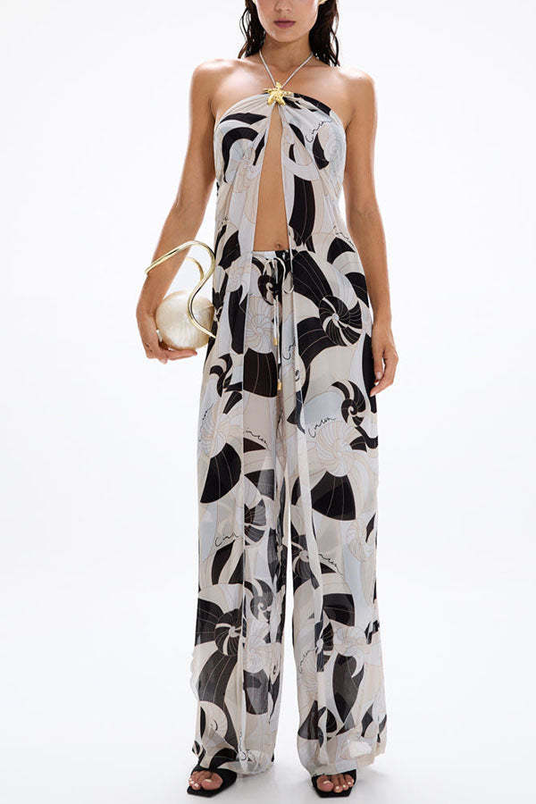Adrenia Unique Print Metal Starfish Front Slit Halter Tank and Elastic Waist Loose Pants Set-consonak
