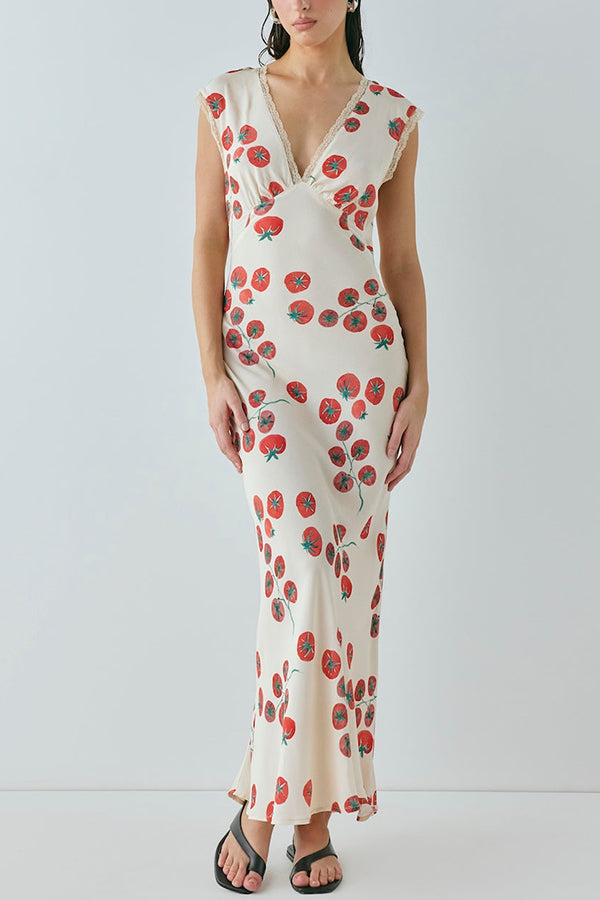 Vintage Inspired Tomato Print Lace Trim Open Back Tie-up Maxi Dress