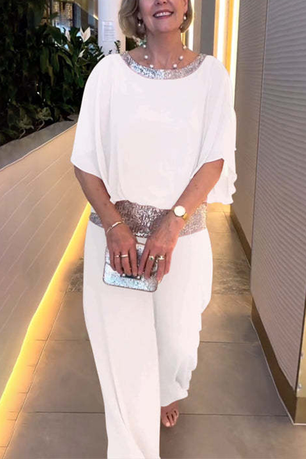 Stylish Sequin Patchwork Dolman Sleeve Top and Elastic Waist Wide Leg Pants Set-consonak