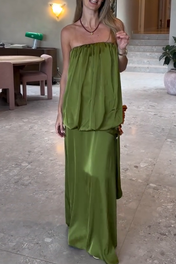 Simple Elegant Satin Voluminous Floral Detail Strapless Top and Elastic Waist Drape Maxi Skirt Set-consonak