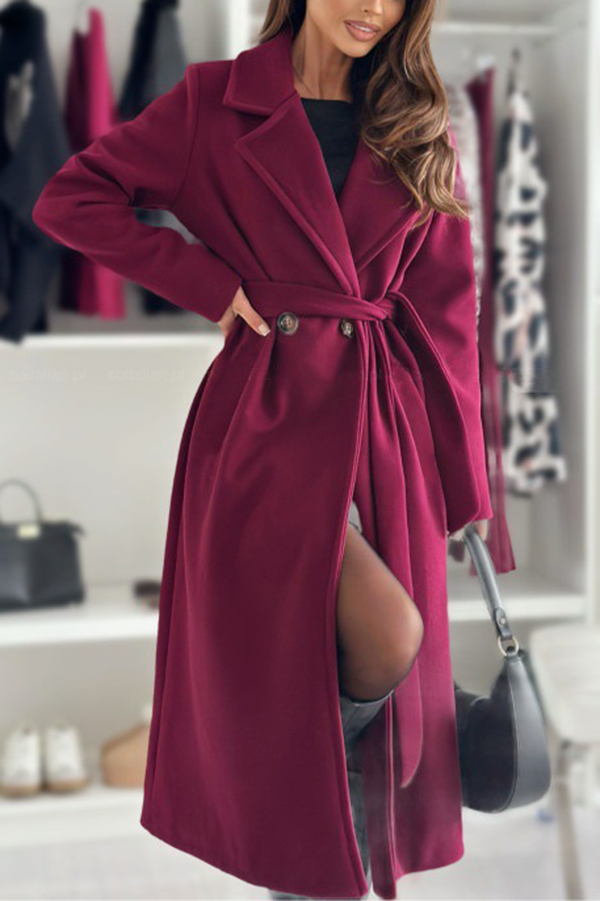 Solid Color Lapel Long Sleeve Waist Tie Long Coat-consonak