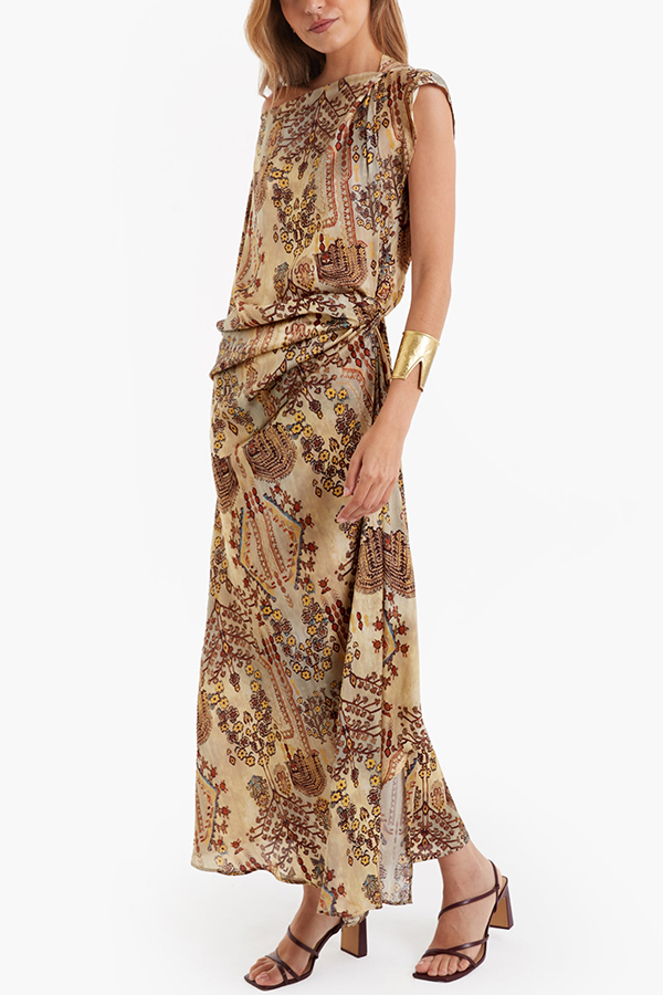 Cassie Satin Unique Print One Shoulder Ruched Waist Asymmetrical Hem Maxi Dress