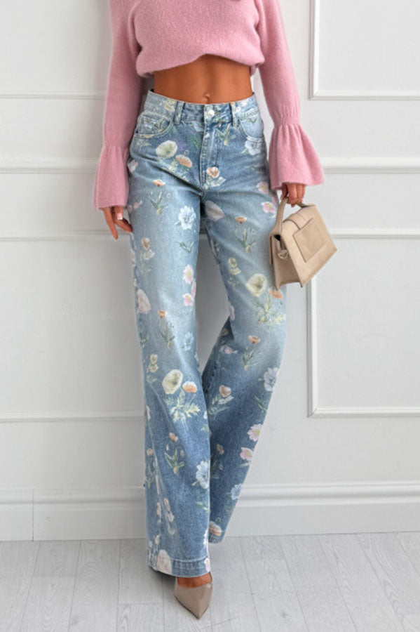 Spring Calling Denim Colorful Floral Print High Rise Pocket Straight Leg Jeans