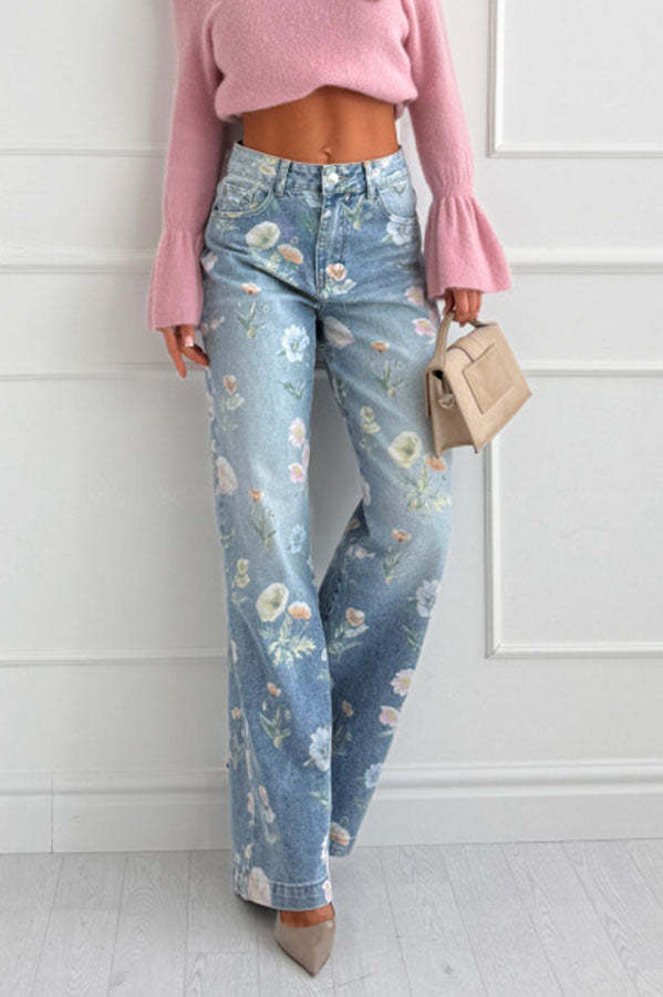 Spring Calling Denim Colorful Floral Print High Rise Pocket Straight Leg Jeans