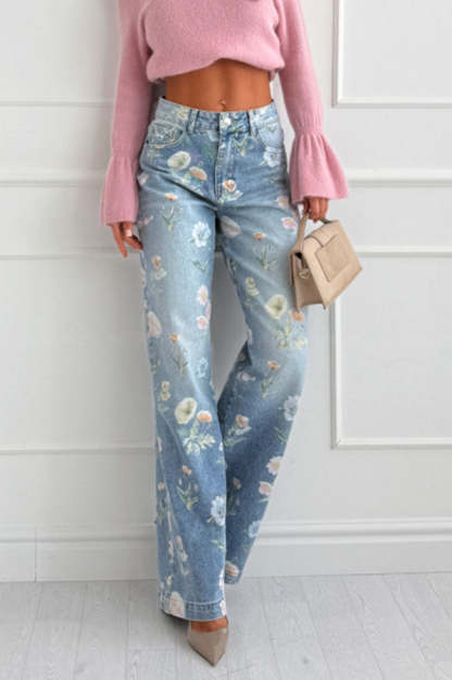 Spring Calling Denim Colorful Floral Print High Rise Pocket Straight Leg Jeans