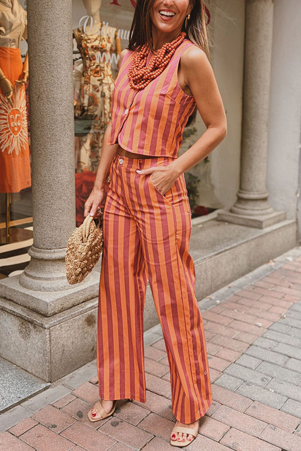 City Outfit Colorful Stripes Button Up Vest and Elastic Waist Pocket Loose Pants Set | Consonak