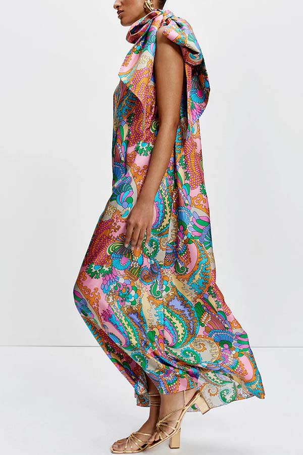 Rainbow Breeze Satin Unique Print Bow One Shoulder Loose Maxi Dress-consonak