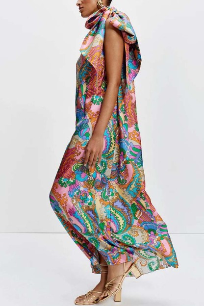 Rainbow Breeze Satin Unique Print Bow One Shoulder Loose Maxi Dress-consonak
