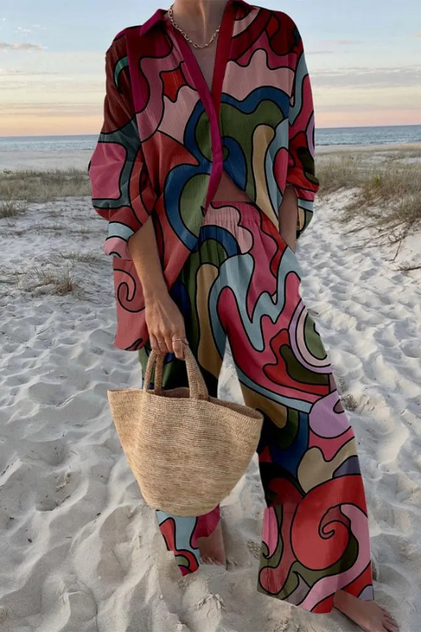 Geometric Color Block Print Oversized Shirt and Elastic Waist Pocket Pants Set