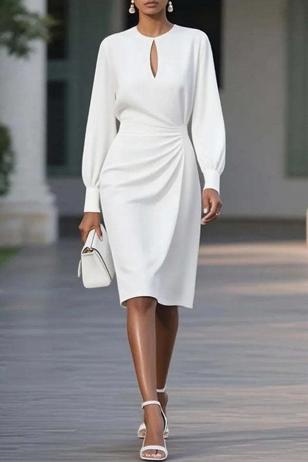 Solid Color Hollow Round Neck Long Sleeve Waisted Midi Dress-consonak