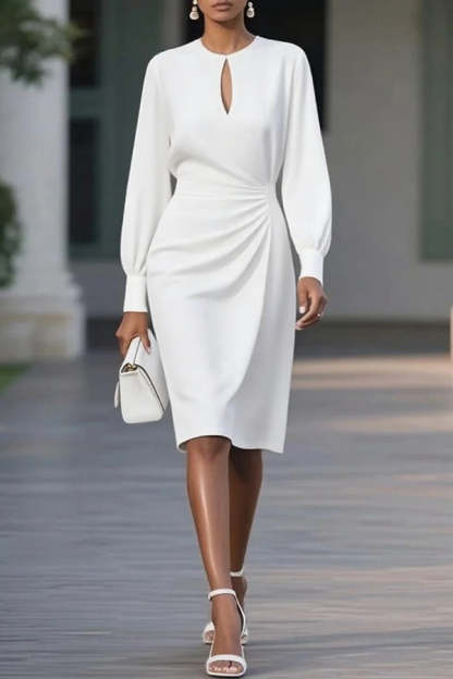 Solid Color Hollow Round Neck Long Sleeve Waisted Midi Dress-consonak