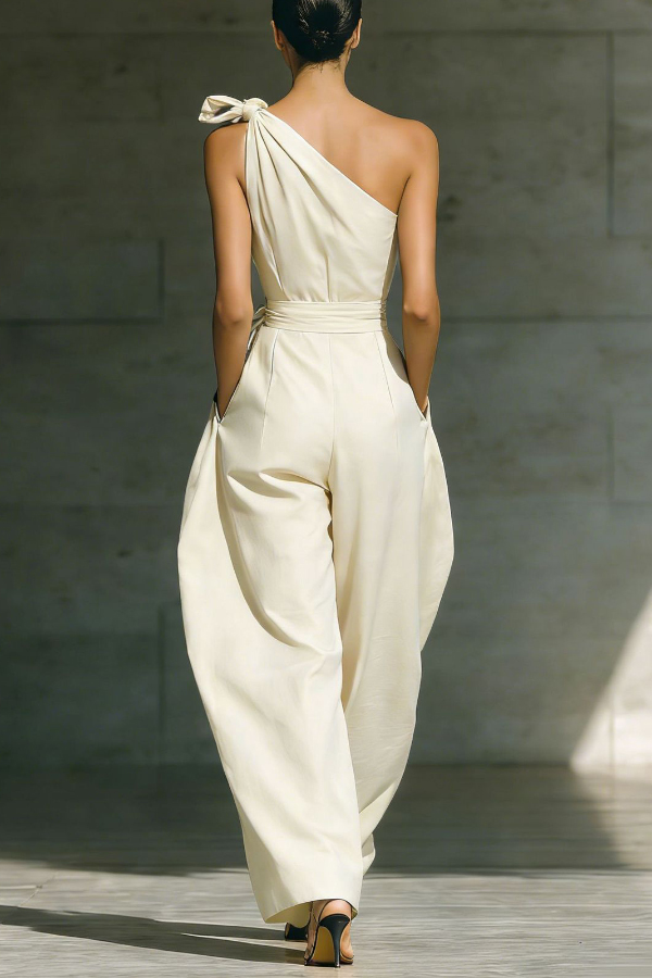 Solid Color Sleeveless One-shoulder Fitted Waist Casual Pocket Loose Wide-leg Jumpsuit