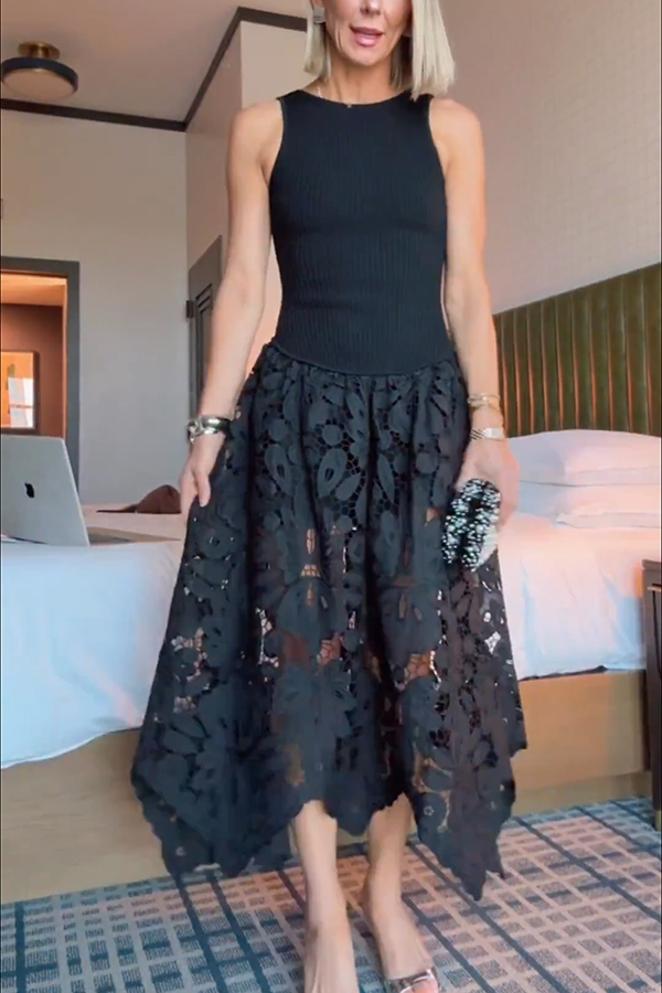 Atlas Asymmetric Ribbed-knit and Guipure Lace Back Zipper Midi Dress-consonak