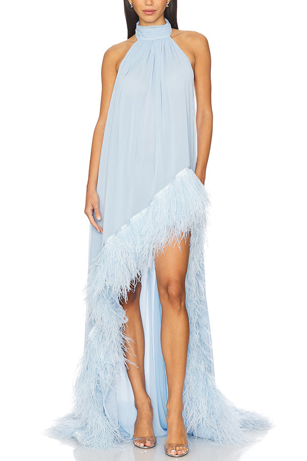 Janice Chiffon Feather Trim Asymmetric Hem Halterneck Gown Maxi Dress