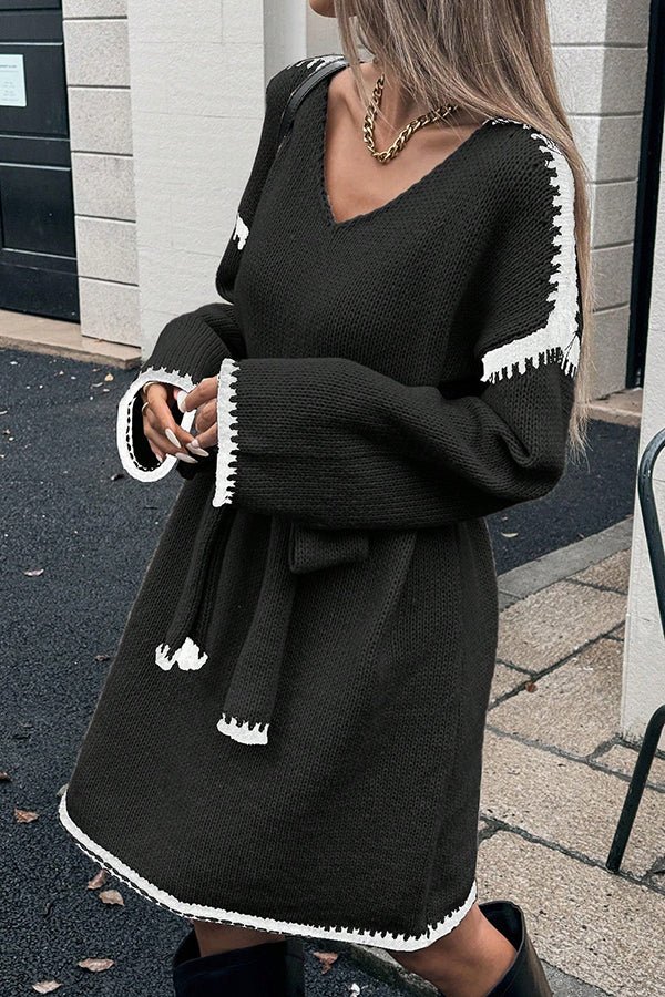 Stylish Loose-fitting Long-sleeved Tie-waist Knit Mini Dress-consonak