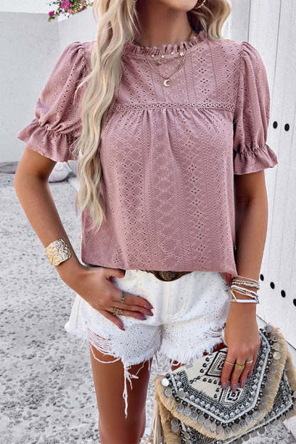 Solid Color Short Sleeved Patchwork Hollow Pleated Shirt-consonak