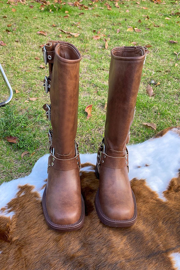 Vintage Belt Buckle Chunky Heeled Long Biker Boots-consonak