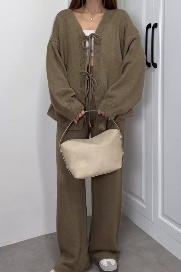 Solid Color V-neck Tie Long-sleeved Loose Knit Cardigan and Elastic Waist Casual Straight Leg Pants Set-consonak