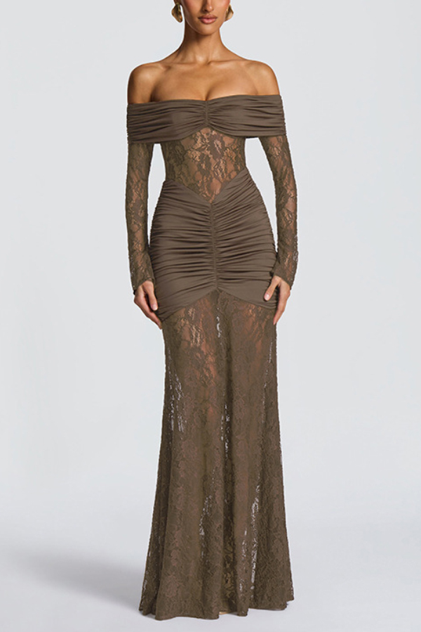 Solid Color Patchwork Lace Off-shoulder Long-sleeved Pleated Slim-fit Maxi Dress | Consonak