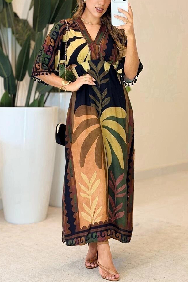 Sundancer Glow Unique Print Tassels Trim Half Sleeve Side Slit Maxi Dress