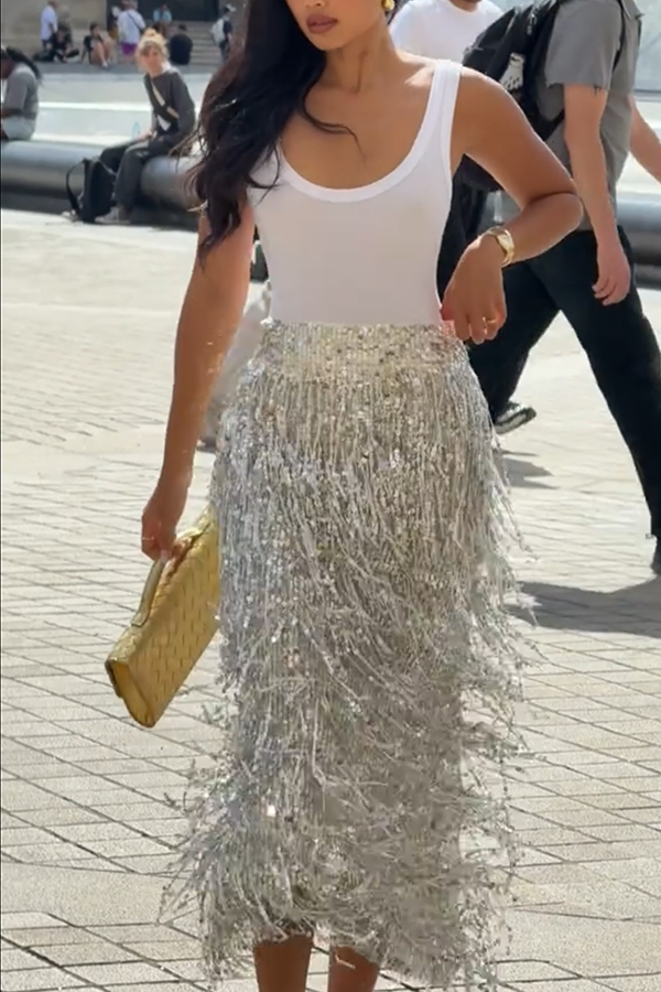 Evening Charm Layered Sequined Tassels High Rise Back Zipper Slit Midi Skirt-consonak