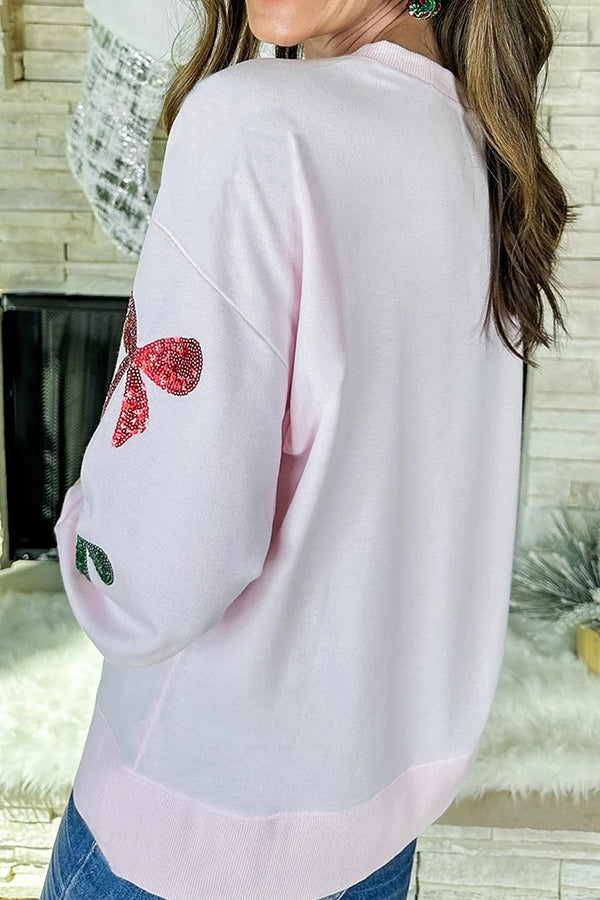 Christmas Sequined Bow Crew Neck Long-sleeved Loose Sweatshirt-consonak