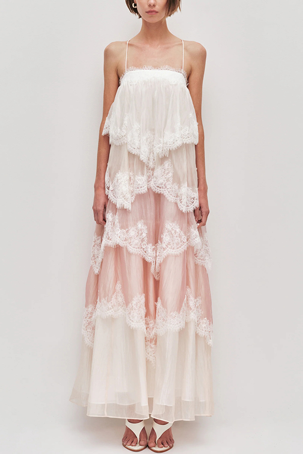 Caroline Gradient Layered Lace Trim Tiers Adjustable Straps Backless A-line Maxi Dress | Consonak