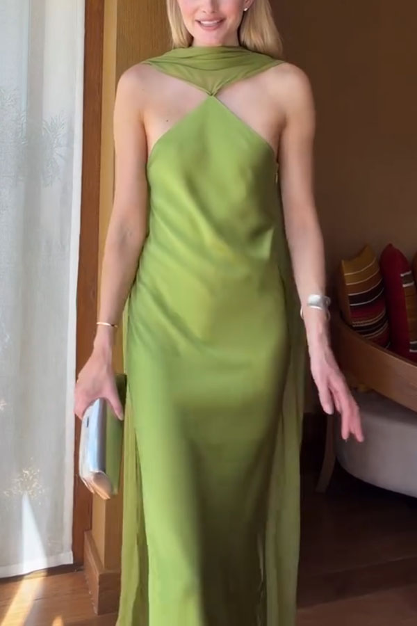 Elegant and Refined Satin Detachable Scarf-style Halter Maxi Dress | Consonak