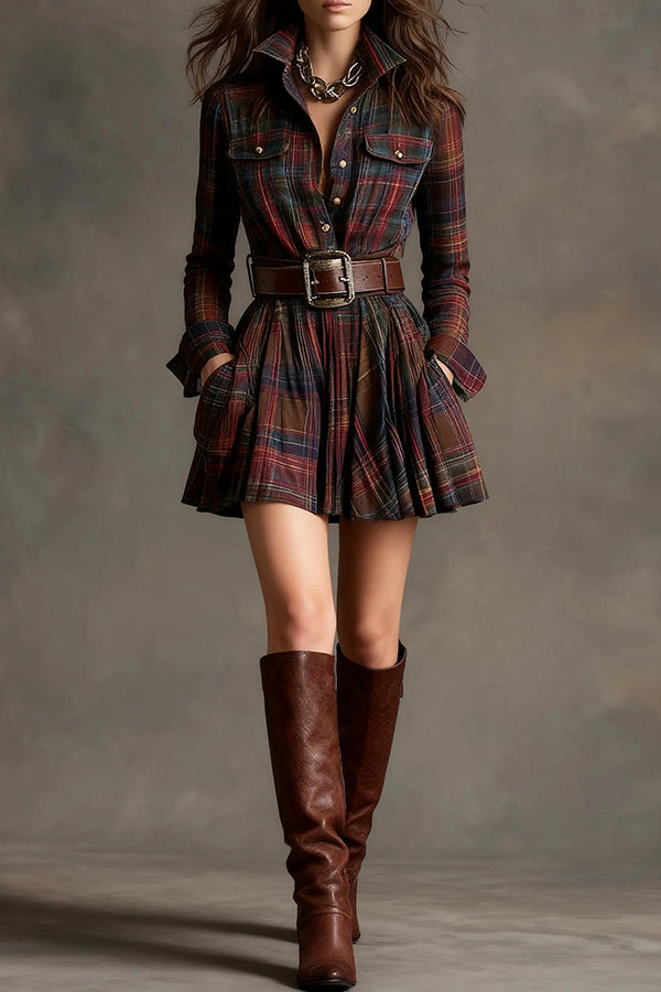 Plaid Print Lapel Long Sleeve Fitted Waist Pocket Casual Mini Dress-consonak