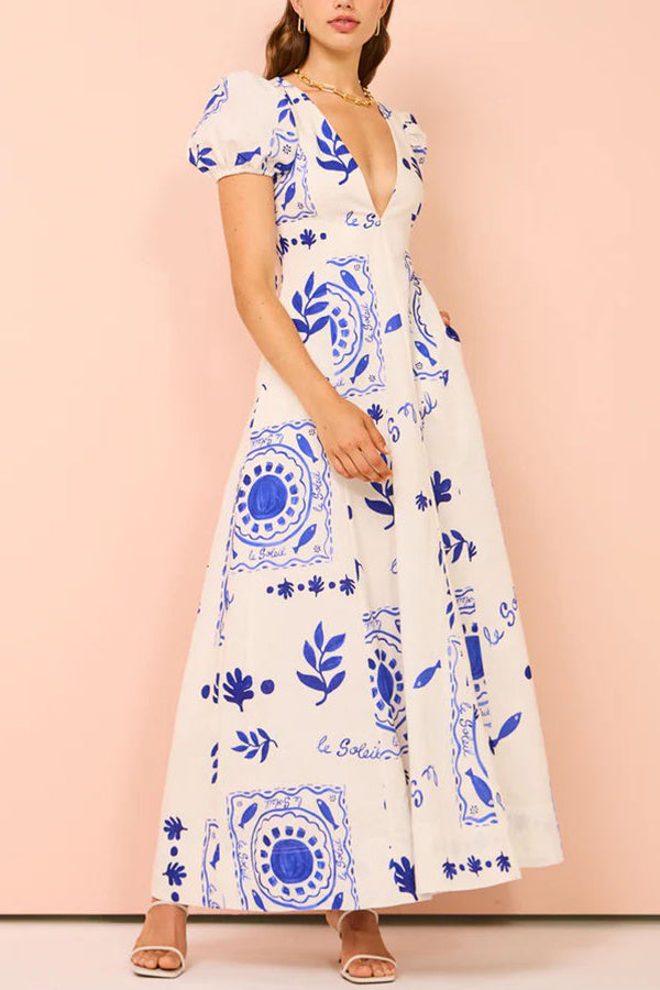 Embrace The Glamour Linen Blend Unique Print Puff Sleeve Pocketed Maxi Dress | Consonak