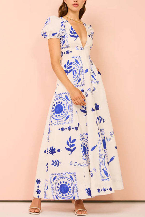 Embrace The Glamour Linen Blend Unique Print Puff Sleeve Pocketed Maxi Dress-consonak