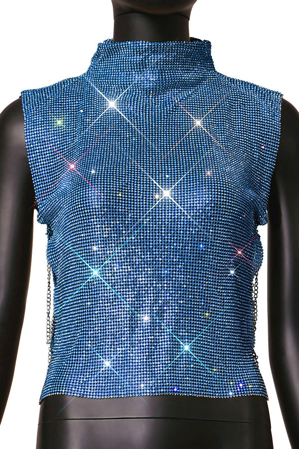 Sexy High-neck Rhinestone Metallic Top-consonak