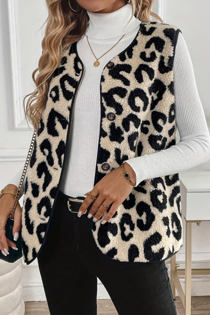 Leopard Print Sleeveless Button Plush Vest Jacket-consonak
