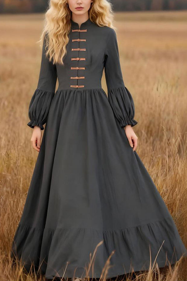 Linen Blend Vintage Long-sleeved Casual Holiday Maxi Dress-consonak