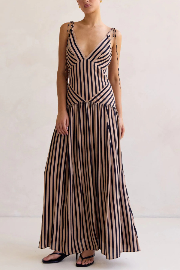 Striped Print Tie Backless Sleeveless V-Neck Elegant Maxi Dress